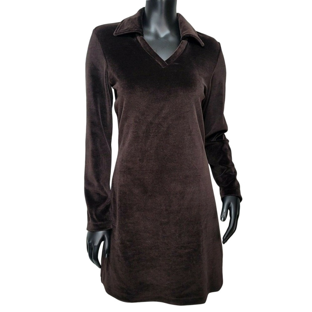 Vintage Limited America Brown Velour Mini Dress Long Sleeve VNeck XS 90s Y2K
